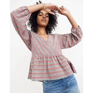 Madewell Gray and Red Striped Bubble-Sleeve Peplum Faux Wrap Top Size XL